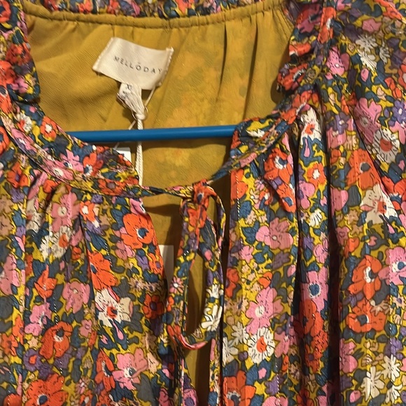 Orange and Brown Ruffled Blouse with Scoop Neck and Long Elasticized Sleeves - Picture 3 of 5